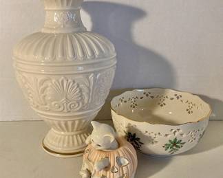 3 Lenox Pieces Ornate White Vase, Decorative Holiday Bowl,  Autumnal Cat