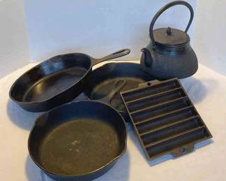 Three Cast Iron Pans, Cast Iron Teapot, And More 