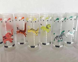  003 Libby Frosted Carousel Animal Hostess Highball Glasses Vintage 