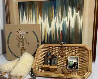 Navajo Sand Painting, Pair Of Japanese Ainu Wooden Carved Figures, Carved Horn, And More