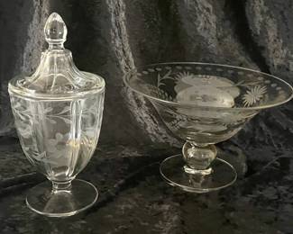 Crystal Glass Candy Dish Bowl With Etched Floral Designs