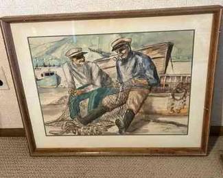 Fishermen Watercolor Painting 1960 Signed