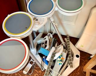 Wii games, drums, and guitar