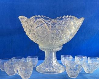  Vintage Cut Glass Punch Bowl on Stand w/10 cups (LPO)