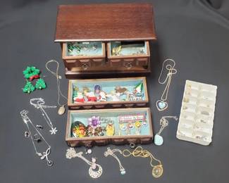 4-Drawer Wood Jewelry Box w/ Christmas Earrings, Christmas Pins, Necklaces, Teacher Pins & More