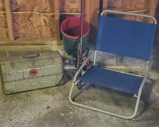 Vintage Simonsen Tackle Box w/Contents, (2) Fishing Poles & Folding Chair (LPO)