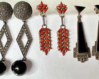 3 Pairs Vintage Sterling Silver Dangling Earrings: Marcasite & Stone
Lot #: 41