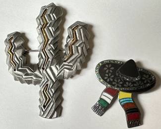 Vintage 925 Sterling Silver Mexican Sombrero Pin & Cactus Brooch Pin By JJ
Lot #: 68