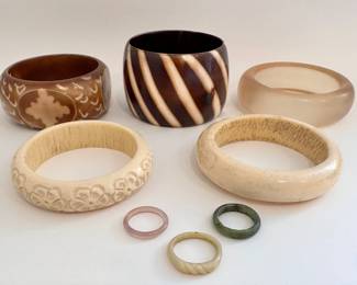 5 Bracelets & 3 Rings: Shell, Carved Bone, Lucite & More, Some Vintage
Lot #: 121