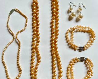 2 Vintage Faux Pearl Necklaces, 1 With Rhinestone Clasp, 2 Faux Pearl Bracelets & Dangling Earrings
Lot #: 81