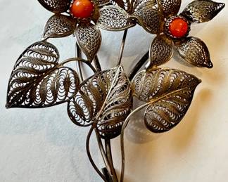 Vintage 1940s 800 Silver Filigree & Corals Brooch Pin, Italy
Lot #: 22