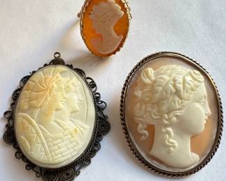 3 Vintage Cameos: Pendant, Brooch Pin & Ring, Size 6.5
Lot #: 33