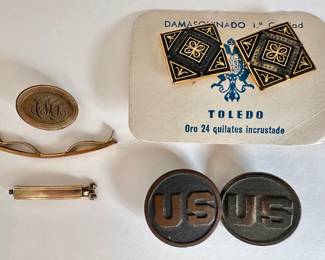Antique WWI Collar Disks, New Spanish Cufflinks & Gold Tie Clips
Lot #: 111