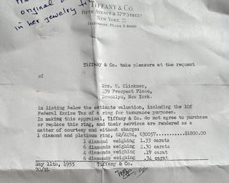 Vintage Tiffany & Co Diamond & Platinum Ring With 1955 Tiffany Appraisal In Original Box, Size 7.25
Lot #: 1