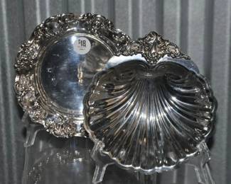 Vintage Towle Ornate Rim 7" Silver Plate Dish ($18) is Shown Beside A Wallace Lovely Silver Plate Scalloped Footed Dish with Ornate Handle, 7"D. ($20). 