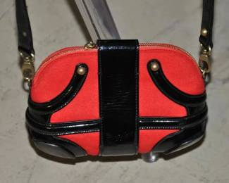Rare Authentic Vintage Alexander McQueen Black Patent Leather with Red Fabric Skull Charm, "Novak" Made in Italy, $300 