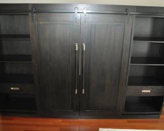 Phenomenal Liberty Furniture “Abbey Collection” Industrial Style Entertainment Center with Piers and Barn Door, Made in USA. Overall Dimension: 10’ W x 79”H x 18”D Retail $8500 ($2795)