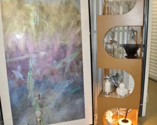 Oversized Abstract Artist Signed Print, "2:15AM Northern Lights, July 1981", 80" x 48" ($450) Shown with Phenomenal Edward Wormley for Dunbar Mid Century Etagere (SOLD)