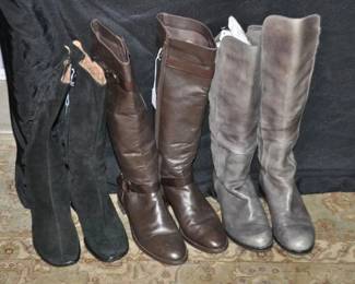 Three Great Pairs of Boots, all Size 9 Include Black Suede Boots With Black Laces by Sofft ($48), A Pair of Brown Leather Cole Haan Riding Boots, ($75) and a Pair of Grey Leather and Suede Cole Haan Boots ($65-SOLD) 