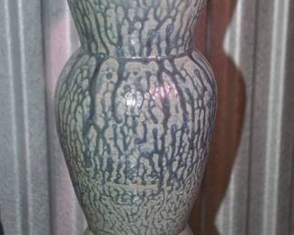 Stunning and Sturdy Vintage 13" Hand Thrown Ash Glazed White Stoneware Studio Art Pottery Featuring Tree-Like Blue Drip Vase, $95 