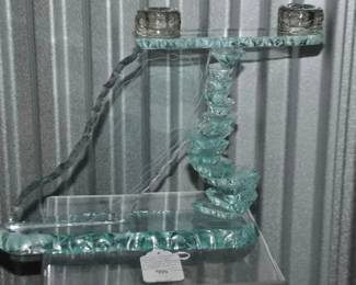 Amazing Piece by Israeli Glass Artist, Yehuda Parmat Stacked Art Glass Slab Candleholder 15" W x 10"H x 3.5" D, ($225). 