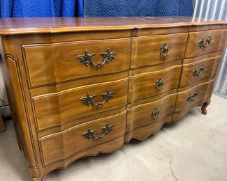 Mid Century John Widdicomb French Provincial Cherry 9 Drawer Triple Dresser, 65”w x 34.5”h x 21”d $495
Also Available is the Matching King Size Headboard, Not Shown $285