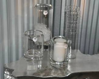 Heavy Clear Glass Vases/ Pillars, 10” ($50) and 7” ($40). Shown with a Mid-Century 14” Ribbed Glass Cylinder Vase ($32) 