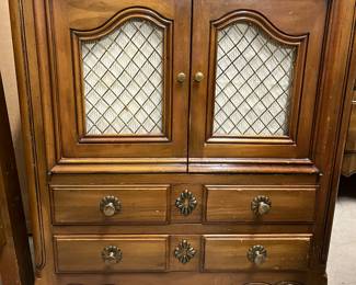 Mid Century John Widdicomb French Provincial Style Cherry Nightstand with Glass Top, 2 Drawer and 2 door Cabinet. Needs Restoring.  22”w x 27.5”h x 14”d, $195