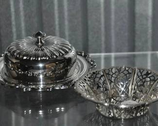 Admire the Intricate Design of this Three-Piece Silver Plate Butter Dish, it is Sure to Add A Touch of Class to Any Tabletop. ($30) And To the Right is a Silver Plate Lace Cut Trinket Dish, ($15). 