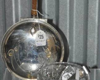 This Petite Vintage 3-Footed Cut Crystal Bowl (4"w, $28) is Shown with a Really Neat Vintage Sheffield Silver Co. Silent Butler Crumb Catcher Dust Pan With Lid, EPC 300 ($25). 