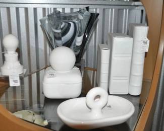 Displayed on the Etagere: Hand-Blown Ruffle Vase ($95), a Se Collection III, Nika Zubanc Mini Whisper Box with Lid ($75-SOLD), a Luminous “Night Light” from Maison Martin Paris ($60) (SOLD) and a Set of 3 Ceramic Chalk-Glazed Vases ($95)