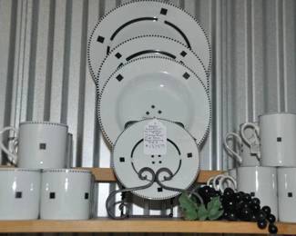 This Wonderful Swid Powell China Makes Such a Statement! Available is a 3 Piece Place Setting Including Dinner Plates, and Rimmed Soup Bowls, Service for 8 in the "Tuxedo Black" Pattern. As Is ($695). Also Shown are a Set of 8 Tuxedo Black Tall Coffee Mugs, Sold Separately