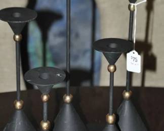 Great Set of 5 Post-Modern Black Metal with Brass Detail Candlesticks, 7”-13”H ($75) 