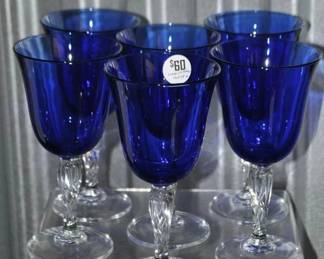 Set of 6 Luminarc Crystal Goblets, Cobalt with Clear Twisted Stems, $60 