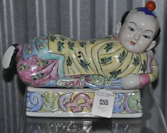 This Playful Chinese Porcelain Pillow Box is Whimsical and Bright and Sold in "As Is" Condition, 8"W x 8" H x 4.5"D, ($55). 