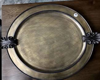 Solid Wooden Footed Tray, Base Painted in Black, With Ornate Handles and Painted in a Antique Golden Metallic Finish, ($85) 