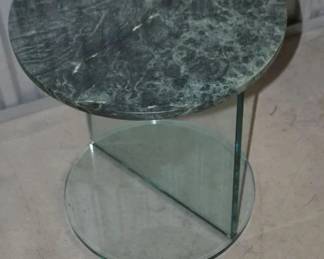 Wonderful Heavy Vintage Green Swirl Marble Top Table with Solid Glass Base, 18" Round x 19.75"h, $295