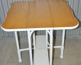Vintage White Wicker Bar Harbor Drop Leaf Gate Leg Table with Solid Oak Top, 30" open, 11.5"closed x 30"h. $225 