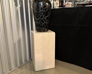 Square Ivory Marble Pedestal. 18" H x 10" Square ($85 SOLD) Shown With A Wonderful Mid Century 15" Scheurich Keramik Black with Grey Swirl West German Ceramic Vase ($68) 