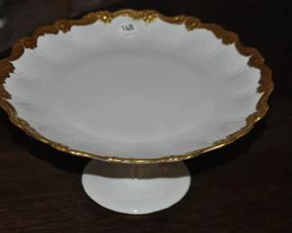 Lovely Vintage Footed Cake Plate, Signed. White with Gold Fluted Border, H6” x D12” ($48) 