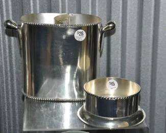 Vintage Silver Plate Pottery Barn Hotel Collection Dual Wine Holder with Removable Divider and Adorned With Decorative Beading on the Top and Base Along with Flaring Handles, 7.25" H x 9.25" W, ($26). Coupled with Complimentary Silver Plate Wine Coaster With Twisted Rope Top Embellishment. ($15) 