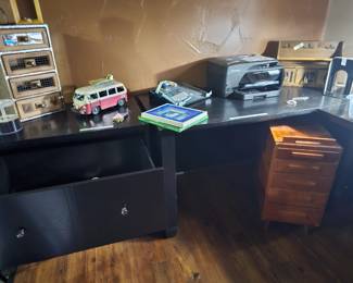 Sleek cabinet and two desks, sold separately 