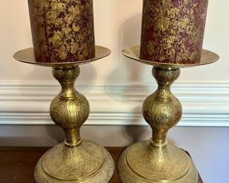 Pair of Etched Brass Candle Holders