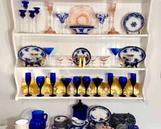 Stanley Pottery flow blue, Dept. 56 gold leaf dishes. pink depression glass and cobalt blue glass!