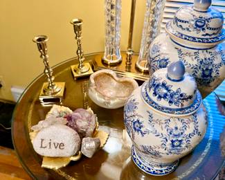 Murano glass bowl, double crystal and brass lamp and lovely ginger jar set.