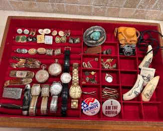 Men's cufflinks, watches and pocket knives.