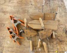 2 Large Jorgensen Wooden Adjustable Clamps, 2 Hargrave No 706 Adjustable Clamps, and 6 Rubber and Metal Clamps
