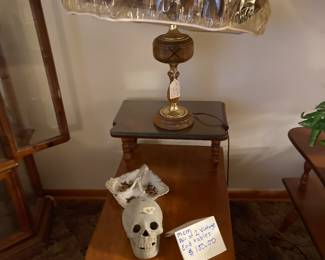 MCM Pair of end tables and X Lamp’s with ruffled shades.