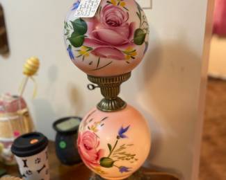 MCM Painted glass globe hurricane lamp. 