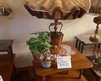 Mid century modern 2 tier end table with ruffled shade. 